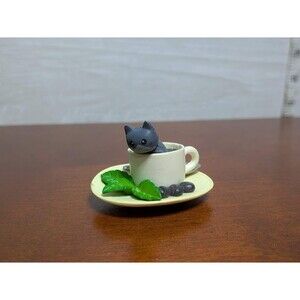 BABY STORY Mini Gray Cat in Coffee Mug Teacup 1.5" Figurine US Seller Kawaii Toy